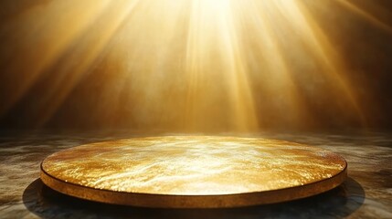 Obraz premium Golden round platform illuminated by bright light rays.