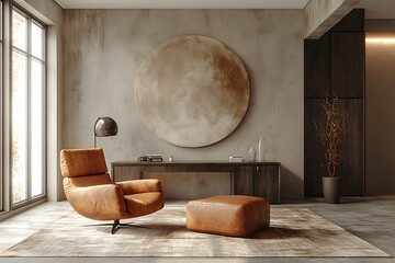 Minimalist living room interior with leather armchair and round painting