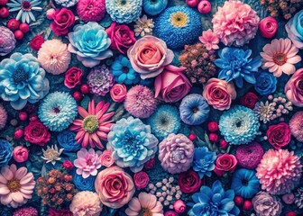 A vintage floral design, captured in high-resolution aerial photography, showcases a stunning pink and blue flower pattern from above.