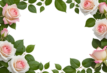 An ornate rose flower wreath with detailed leaves, carefully designed as a decorative frame, standing out against a pristine white background