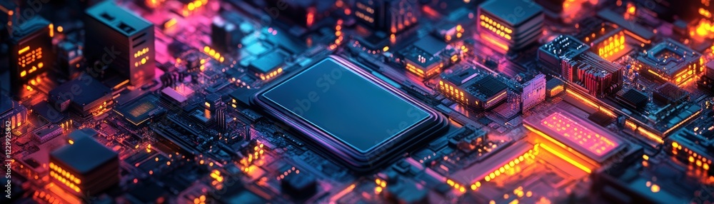 Poster close-up of a computer processor on a glowing background with intricate details and circuit patterns