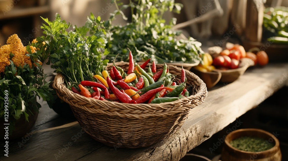 Poster a bright and colorful display of assorted chili peppers in a woven basket, alongside fresh herbs and