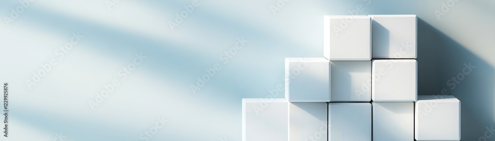 Poster minimalistic arrangement of white cubes casting shadows on a soft blue background, creating a serene