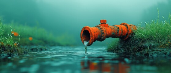 Fototapeta premium A rusty orange pipe discharges water into a misty, grassy landscape.