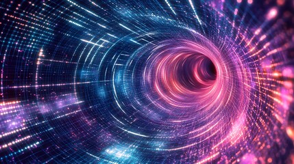 Fototapeta premium Digital Vortex: An abstract journey through a swirling tunnel of vibrant light and data streams, creating a mesmerizing visual experience of technology and connectivity.