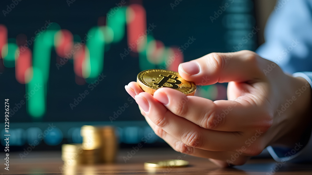 Poster a person holds a bitcoin coin in one hand in front of a digital investment chart with green and red 