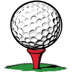 Golf ball on a red tee, against a white background, in a clip art style