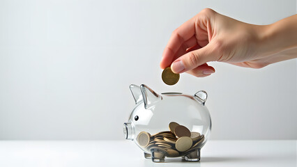 A hand is placing a coin into a transparent piggy bank filled with coins, symbolizing savings and financial planning