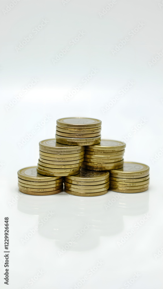 Poster stacked coins form a pyramid shape on a reflective surface, showing details of metal and shiny textu