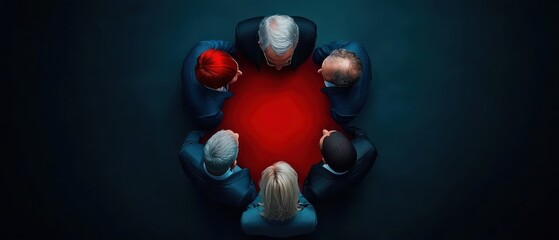 A group of individuals gathered around a circular table, engaged in a serious discussion.