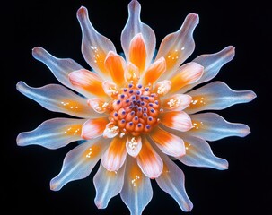 Vibrant Macro Flower with Orange and Blue Petals Radiating Against a Black Background, Ideal for Nature and Artistic Photography