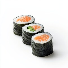 Sushi with seaweed, a realistic stock photo on a white background. High-resolution, high-quality photograph with sharp focus and hyper-realistic details