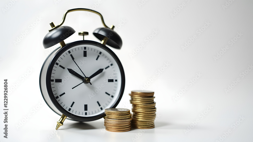 Poster a classic black alarm clock stands beside a stack of shiny coins, symbolizing the connection between