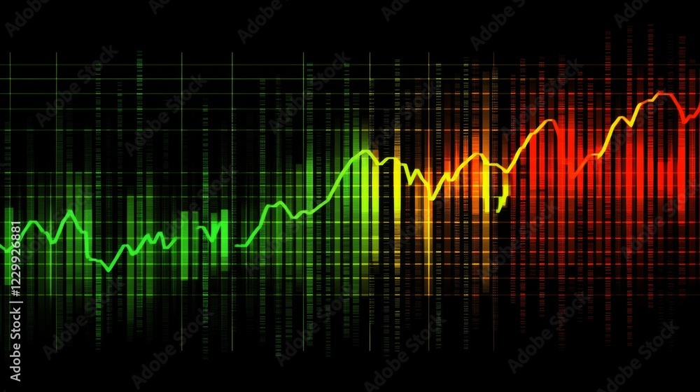 Poster a candlestick chart with green and red bars on a dark digital grid, showcasing financial market tren