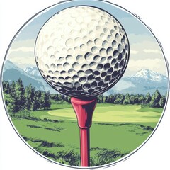 Golf ball on a red tee, against a white background, in a clip art style
