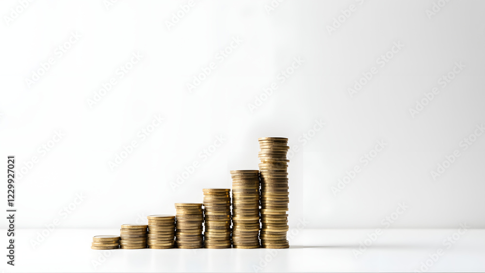 Poster stacks of golden coins arranged in an ascending pattern represent growth and financial success on a 