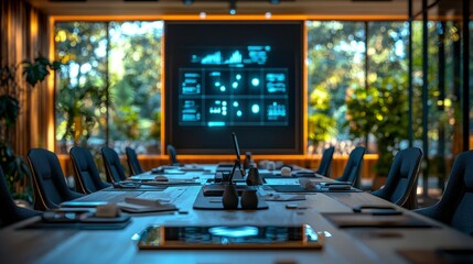 Luxurious meeting room designed for innovative gatherings, showcasing sleek furnishings and a large screen displaying data analytics, all amidst a vibrant, green backdrop