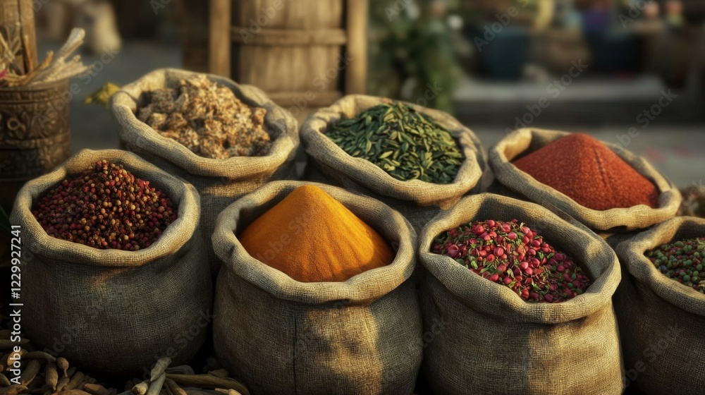 Poster A captivating image of a spice market with vibrant spices in burlap sacks, emphasizing the key ingredients that make Indian cuisine so flavorful and aromatic.