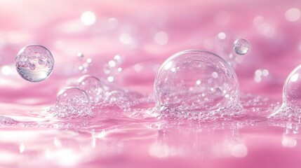 Pink liquid surface with many clear bubbles.