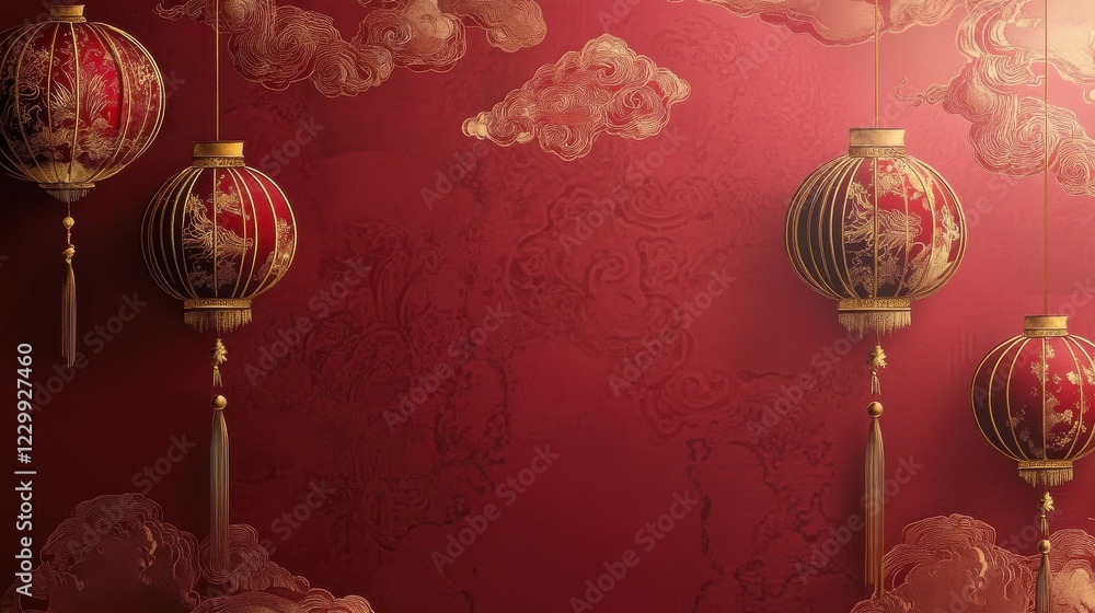 Poster red lanterns and cloud patterns on artistic background design