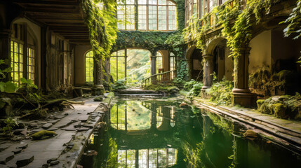 Abandoned swimming pool in overgrown building showcases nature reclaiming a forgotten space through lush greenery and still waters