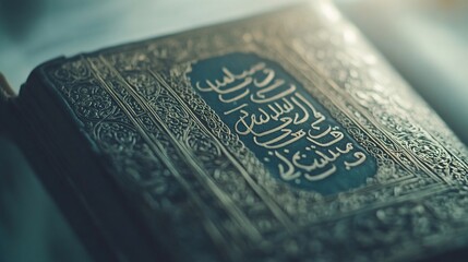 Fototapeta premium Ancient Quran Book Cover, Close-up Detail of Intricate Calligraphy and Ornate Design