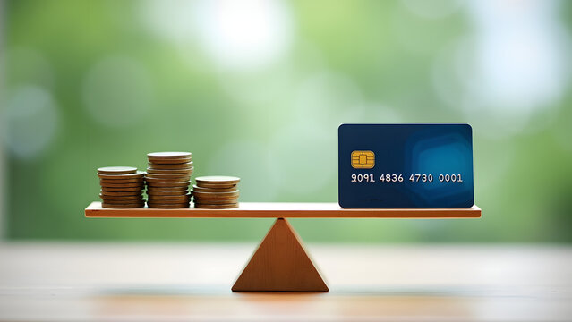 A credit card balances on a wooden scale beside stacks of coins, symbolizing finance and wealth management in a serene, blurred background