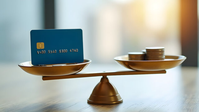 A golden scale balances a credit card and stacks of coins, symbolizing financial decisions and economic value in a modern setting