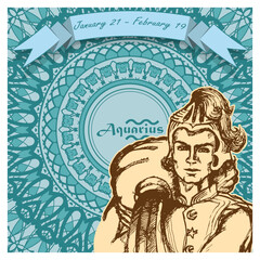 Aquarius horoscope sign on an openwork background with a ribbon on top and dates. Mix of styles. Poster, decorative panel or other. Vector illustration