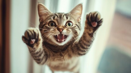 Obraz premium Playful kitten paws reaching through glass.