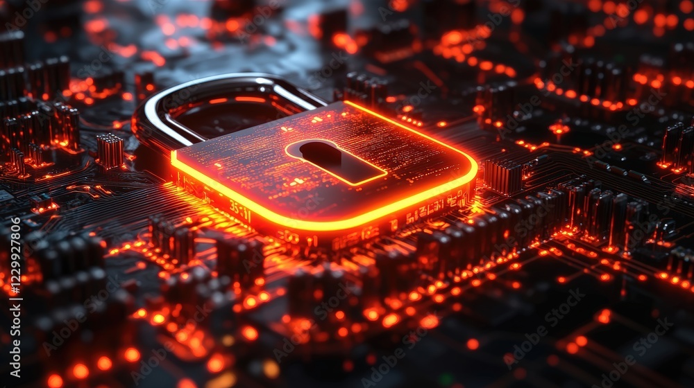 Poster computer chip with a lock symbol representing data security and protection from unauthorized access