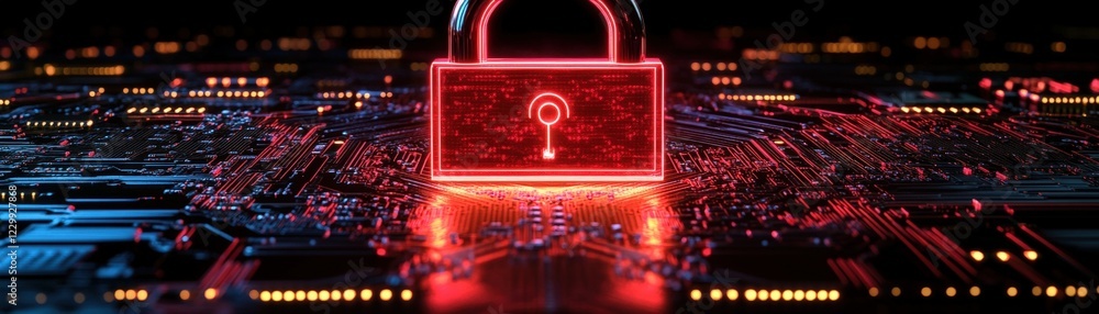 Poster lock secured on a computer circuit board representing data protection and cybersecurity concepts