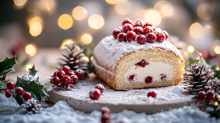 Festive Dessert Roll with Cranberries and Pine Cones on a Snowy Surface and Blurred Lights.
