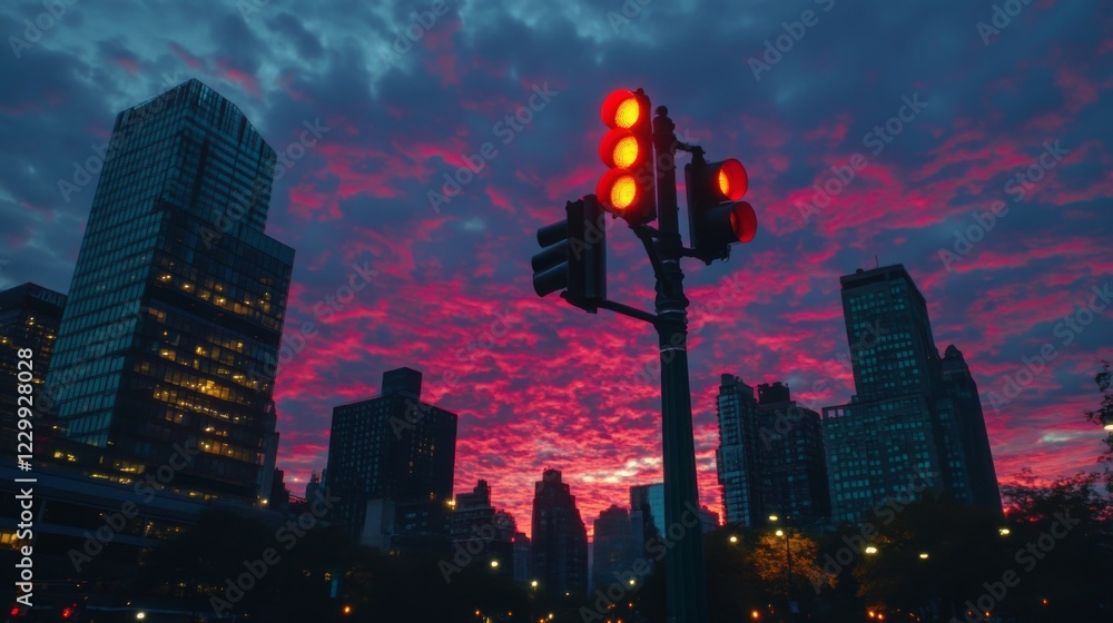 Poster a captivating view of a traffic light at dusk, glowing brightly against a darkening sky, creating a 
