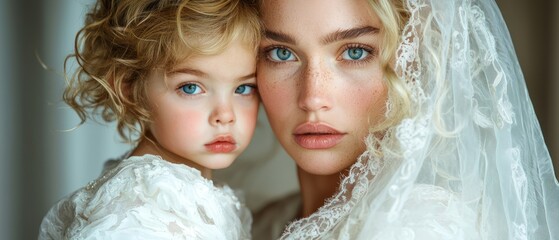 A close-up portrait of a woman in a wedding veil holding a child, both with striking blue eyes.