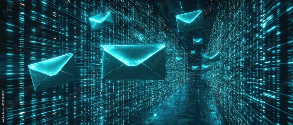Poster tunnel of blue lights illuminating a dark room creating an abstract visual experience