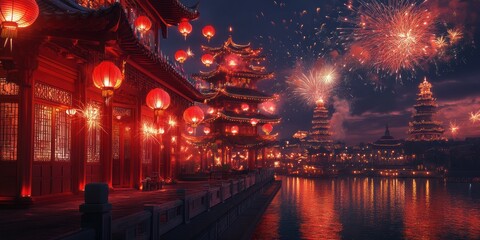 Vibrant Night Scene with Traditional Chinese Architecture, Lanterns, Fireworks, and Reflections Over Water During Celebratory Festival Atmosphere