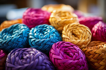 Colorful woven fabric showcasing intricate patterns and rich textures crafted by skilled artisans in a vibrant setting