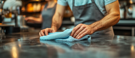 A close-up of a person wiping a surface with a blue cloth, emphasizing cleanliness and attention to detail in a modern workspace