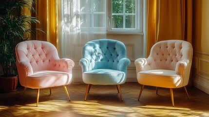 Stylish vintage armchairs in sunlit living room modern home decor warm atmosphere cozy design