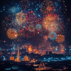 Naklejka premium Vibrant Night Sky Illuminated by Colorful Fireworks Over a Beautiful Cityscape Featuring Historic Architecture and Festive Atmosphere