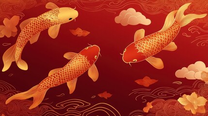 Colorful Koi Fish Swimming in Elegant Red Background Design