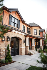 Naklejka premium Luxury Home Exterior: Modern Architectural Design, Elegant Stone Facade, Landscaping, and Pathway