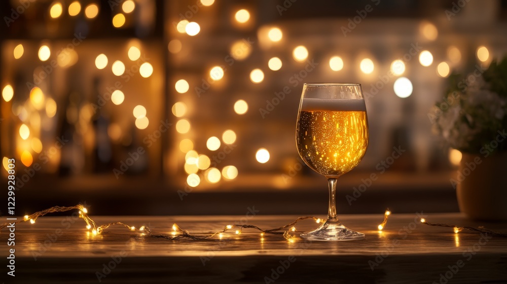 Poster a chilled beer glass filled with pale ale, set against a backdrop of a wooden bar and soft-focus lig