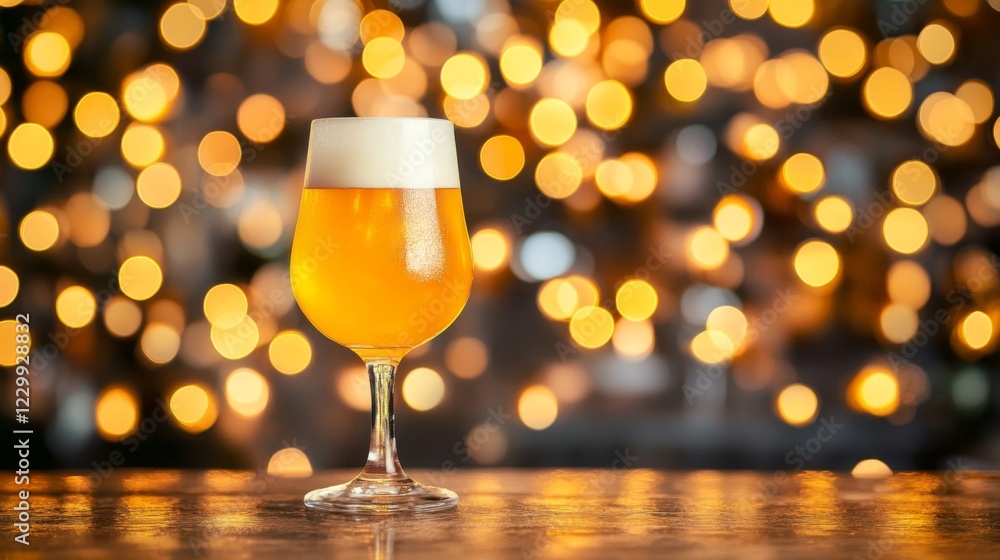 Poster a chilled beer glass filled with pale ale, set against a backdrop of a wooden bar and soft-focus lig