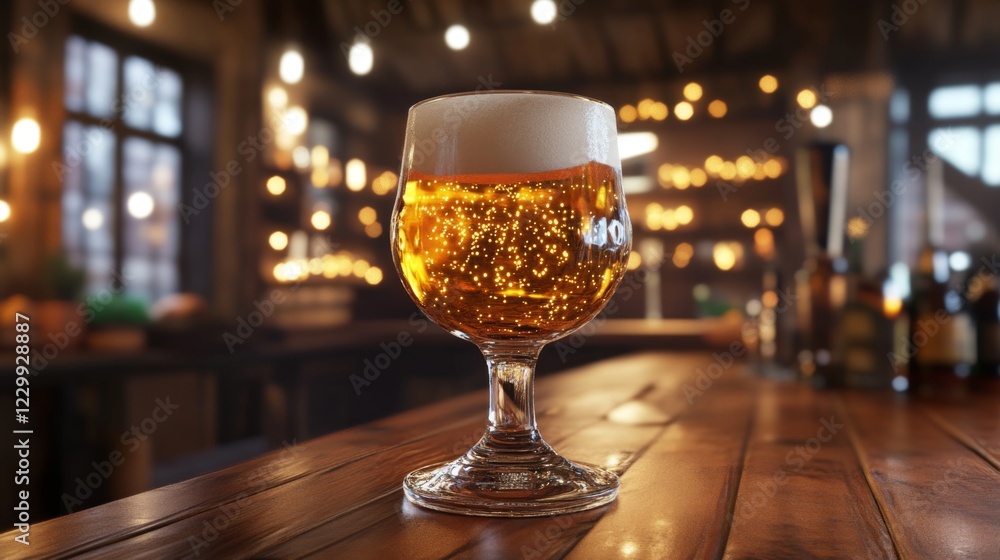 Poster a chilled beer glass filled with pale ale, set against a backdrop of a wooden bar and soft-focus lig