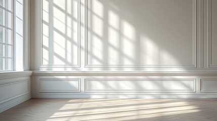 Fototapeta premium Captivating sunlight shadows dance in elegant room minimalist interior design serene atmosphere modern aesthetic