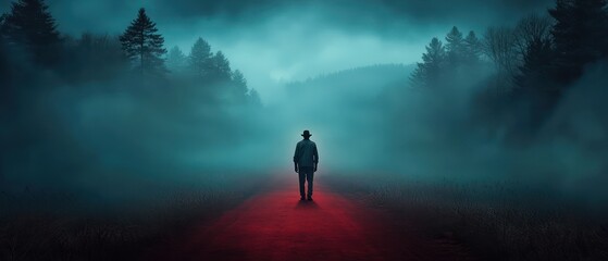 Obraz premium A solitary figure stands on a red path in a foggy forest, evoking mystery and introspection.