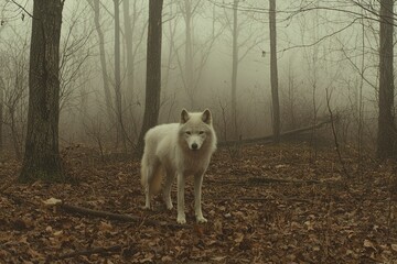 White Wolf Stands in Foggy Autumn Forest