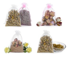 Handmade scented sachets isolated on white, set